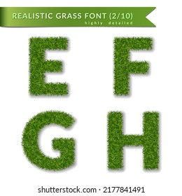 Grass letters E, F, G, H set alphabet 3D design. Capital letter text. Green font isolated white background, shadow. Symbol eco nature environment, save the planet. Detailed meadow. Vector illustration