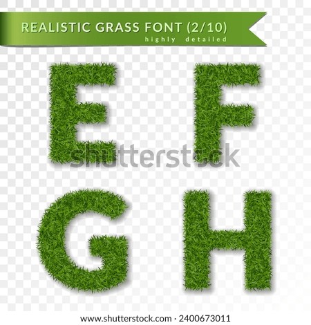 Grass letters E, F, G, H set alphabet 3D design. Capital letter text. Green font isolated white transparent background. Symbol eco environment, save t