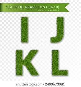 Grass letters I, J, K, L set alphabet 3D design. Capital letter text. Green font isolated white transparent background. Symbol eco environment, save t