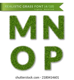 Grass letters M, N, O, P set alphabet 3D design. Capital letter text. Green font isolated white background, shadow. Symbol eco nature environment, save the planet. Detailed meadow. Vector illustration