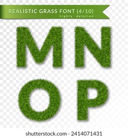 Grass letters M, N, O, P set alphabet 3D design. Capital letter text. Green font isolated white transparent background. Symbol eco environment, save the planet. Realistic meadow. Vector illustration