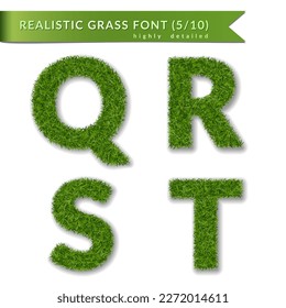 Grass letters Q, R, S, T set alphabet 3D design. Capital letter text. Green font isolated white background, shadow. Symbol eco nature environment, save the planet. Detailed meadow. Vector illustration