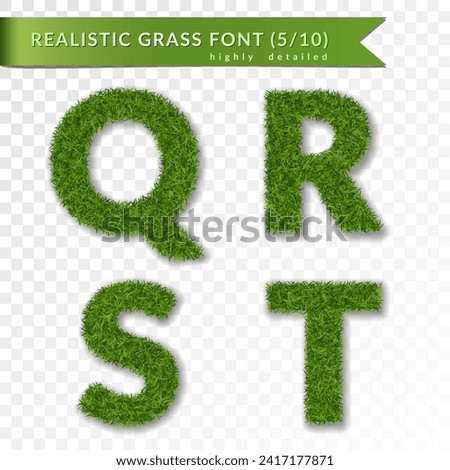 Grass letters Q, R, S, T set alphabet 3D design. Capital letter text. Green font isolated white transparent background. Symbol eco environment, save the planet. Realistic meadow. Vector illustration