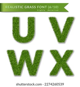 Grass letters U, V, W, X set alphabet 3D design. Capital letter text. Green font isolated white background, shadow. Symbol eco nature environment, save the planet. Detailed meadow. Vector illustration