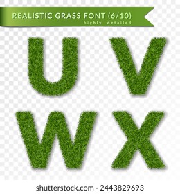 Grass letters U, V, W, X set alphabet 3D design. Capital letter text. Green font isolated white transparent background. Symbol eco environment, save the planet. Realistic meadow. Vector illustration