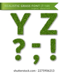 Grass letters Y, Z, question, exclamation mark, coma, apostrophe, minus hyphen dash symbol. Set alphabet 3D design. Green font isolated white background. Save the planet. Detailed Vector illustration