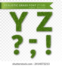 Grass letters Y, Z, question, exclamation mark, coma, apostrophe, minus hyphen dash symbol. Set alphabet 3D design. Green font isolated white transparent background. Realistic. Vector illustration