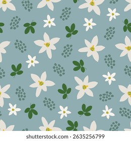 Grass lily flowers seamless pattern. Floral vector surface design of 6 petals white flowers and leaves. Allover print garden star of Bethlehem flowers artwork on pale blue color background.   