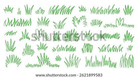 Grass line crayon background. Doodle vector grass, hand drawn sketch. Green brush, pencil, pastel, chalk or marker field. Sketch texture. Green color line watercolor garden icon. Field meadow paint bg