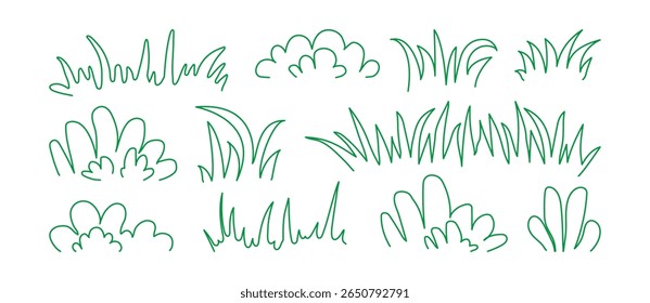 Grass line doodle icon, bush meadow outline design. Thicket garden hand drawn, tuft lawn sketch, plant pattern editable stroke isolated on white bg. Nature foliage border. Scribble vector illustration