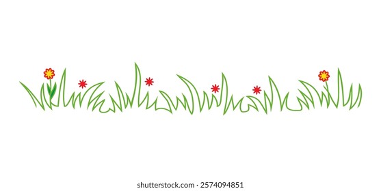 Grass line icon, green meadow doodle outline design, bush tuft, small lawn, sketch plant with red flowers isolated on white background. Thicket hand drawn border. Floral scribble vector illustration