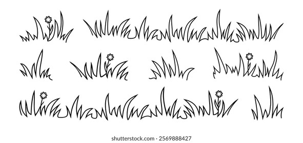 Grass line icon, meadow doodle outline design, bush tuft, small lawn, black sketch plant with flower isolated on white background. Thicket hand drawn border. Floral scribble vector illustration