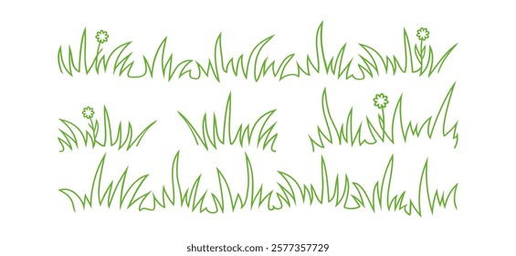 Grass line icon, meadow and flower doodle outline design, bush tuft, small lawn, green sketch plant isolated on white background. Thicket hand drawn border. Floral scribble vector illustration