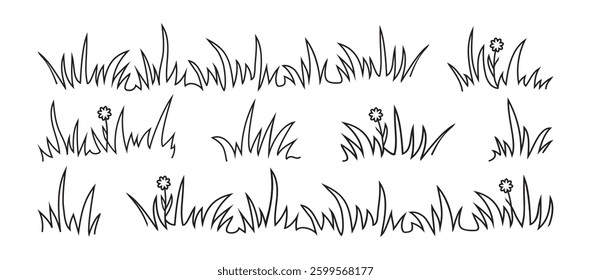 Grass line icon, meadow and flower doodle outline design, bush tuft sketch, small lawn pencil art, black plant isolated on white background. Thicket hand drawn ink border. Floral vector illustration