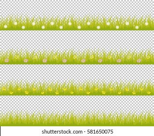 Grass line seamless set with variegated colorful flowers isolated on checkered background use for web site design, decoration, textile and other. Vector Illustration 