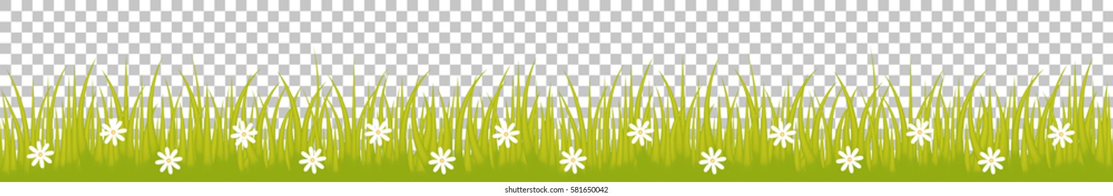 Grass line seamless with white flowers isolated on checkered background use for web site design, decoration, textile and other. Vector Illustration 
