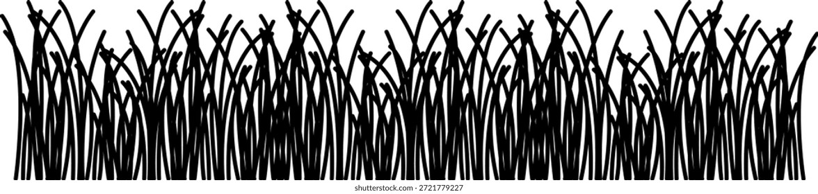 Imagem do ícone do vetor de linha de grama. Delinear esboço de prado ou pastagem, design de campo simples. Textura desenhada à mão de pincelada de grama preta para padrão de jardim ou gramado. Marcador de ervas. Silhueta de grama, borda de prado.