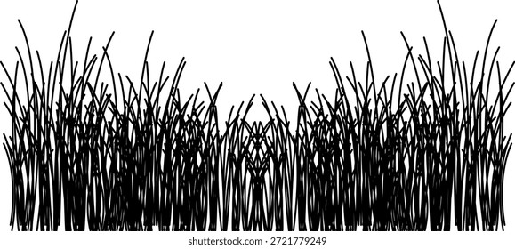 Imagen de ícono de Vector de línea de hierba. Bosquejo de pastizales o prados, diseño de campo simple. Textura dibujada a mano del trazo del cepillo de la hierba negra para el modelo del jardín o el césped. Marcador de hierbas. Silueta de hierba, borde del prado.