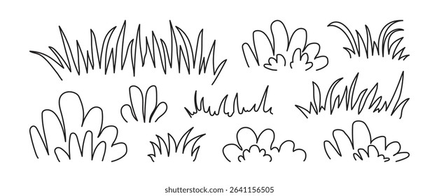Grass linear icon, bush meadow doodle, grass tuft outline design, small lawn, black sketch plant on white bg. Garden thicket hand drawn border. Floral scribble set editable stroke. Vector illustration