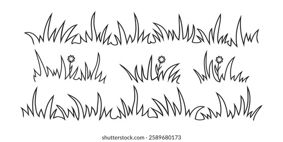 Grass linear icon, meadow and flower doodle outline design, bush tuft, small lawn, black sketch plant isolated on white background. Thicket hand drawn border. Floral scribble vector illustration