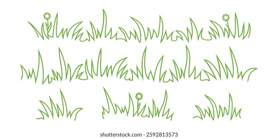 Grass linear icon, meadow and flower doodle outline design, bush tuft, small lawn, green sketch plant isolated on white background. Thicket hand drawn border. Floral scribble set. Vector illustration