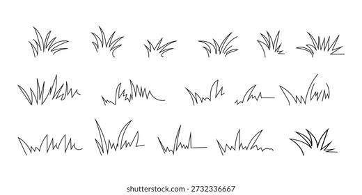 Grass linear icon, meadow and flower doodle outline design, bush tuft, small lawn, green sketch plant isolated on white background. Thicket hand drawn border. Floral scribble set. Vector illustration 