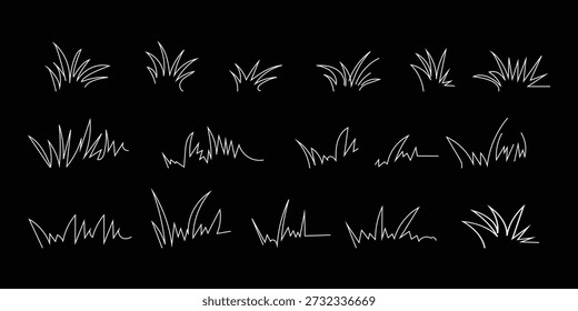 Grass linear icon, meadow and flower doodle outline design, bush tuft, small lawn, green sketch plant isolated on white background. Thicket hand drawn border. Floral scribble set. Vector illustration 