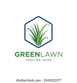 Grass logo design template, lawn care logo, landscape service design logo hexagon frame or border