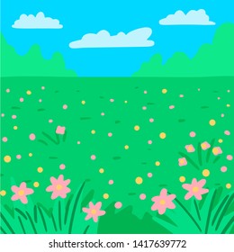 Grass and meadow, flowers in the foreground, trees behind, blue sky and clouds, park or nature walk. Vector cartoon flat illustration for background.