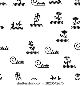 Grass Meadow Plant Vector Seamless Pattern Thin Line Illustration