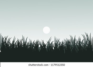 Grass meadow silhouette on gray sunrise background