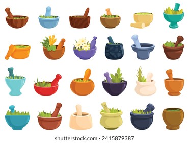 Grass mortar icons set cartoon vector. Green leaf fresh. Pestle healthy