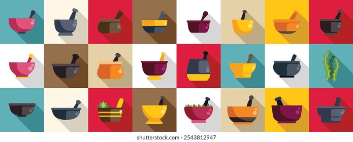 Grass mortar icons set. Flat design icons of mortar and pestle, used for grinding herbs, spices, and other ingredients, in a variety of colors and styles