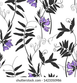Grass mouse peas with flowers. Seamless vector pattern with wildflowers on a white background. 