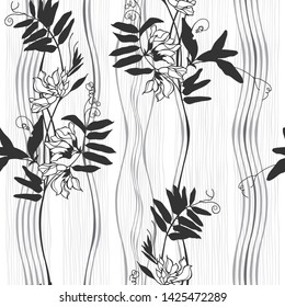 Grass mouse peas with flowers. Seamless vector pattern with wildflowers on a striped white background. 