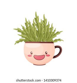 Grass in a mug with a cute face. Vector illustration on white background.