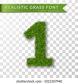 Grass number 1. Green number one, isolated on white transparent background. Green grass 3D 1, fresh symbol of nature, plant lawn, summer. Grass spring font. Beautiful eco design Vector illustration