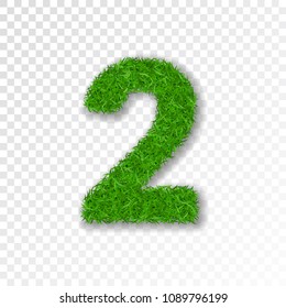 Grass number 2. Green number two, isolated on white transparent background. Green grass 2, fresh symbol of nature, plant lawn, summer. Grass spring font. Beautiful eco design Vector illustration