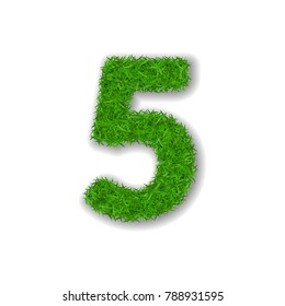 Grass number five. Green 3D number five, isolated on white background. Green grass 5, symbol of fresh nature, plant lawn, summer. Grass texture spring font. Beautiful eco design Vector illustration