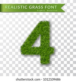 Grass number four. Green number four, isolated on white transparent background. Green grass 3D 4, fresh symbol of nature, plant lawn, summer. Grass texture spring font. Eco design Vector illustration