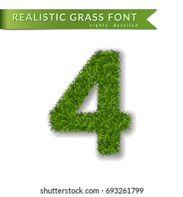 Grass number four. Green number four, isolated on white background. Green grass 4, symbol of fresh nature, plant lawn, summer. Grass 3D texture spring font. Beautiful eco design Vector illustration