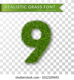 Grass number nine. Green number 9, isolated on white transparent background. Green grass 3D nine, fresh symbol of nature, plant lawn, summer. Grass texture spring font. Eco design Vector illustration