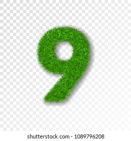 Grass number nine. Green number 9, isolated on white transparent background. Green grass nine, symbol of nature, plant, summer. Grass texture spring font. Beautiful eco design Vector illustration