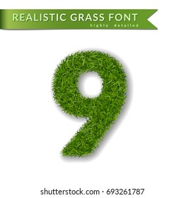 Grass number nine. Green number 9, isolated on white background. Green grass nine, symbol of fresh nature, plant lawn, summer. Grass 3D texture spring font. Beautiful eco design Vector illustration