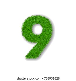 Grass number nine. Green number 9, isolated on white background. Green grass 3D nine, symbol of fresh nature, plant lawn, summer. Grass texture spring font. Beautiful eco design Vector illustration