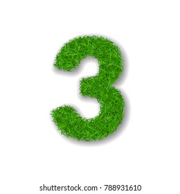 Grass number three. Green 3D number three isolated on white background. Green grass 3, symbol of fresh nature, plant lawn, summer. Grass texture spring font. Beautiful eco design Vector illustration