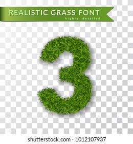 Grass number three. Green number three isolated on white transparent background. Green grass 3D 3, fresh symbol of nature, plant lawn, summer. Grass texture spring font. Eco design Vector illustration