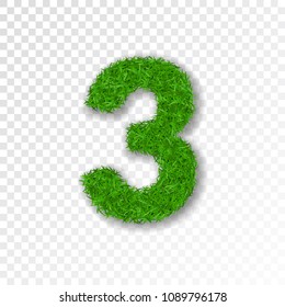 Grass number three. Green number three isolated on white transparent background. Green grass 3, fresh symbol of nature, plant lawn, summer. Grass texture spring font. Eco design Vector illustration