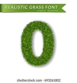 Grass number zero. Green number 0, isolated on white background. Green grass zero, symbol of fresh nature, plant lawn, summer. Grass 3D texture spring font. Beautiful eco design Vector illustration