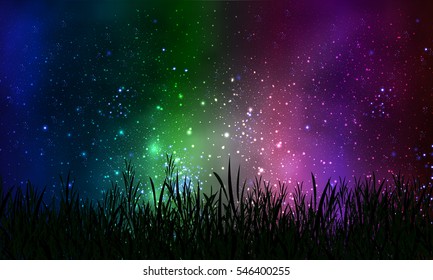 grass on the background of cosmic night sky